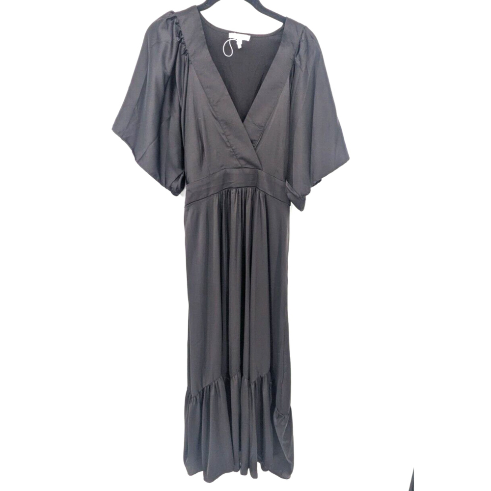 Baltic Born Satin Black V-Neck Maxi Dress Kimono Style